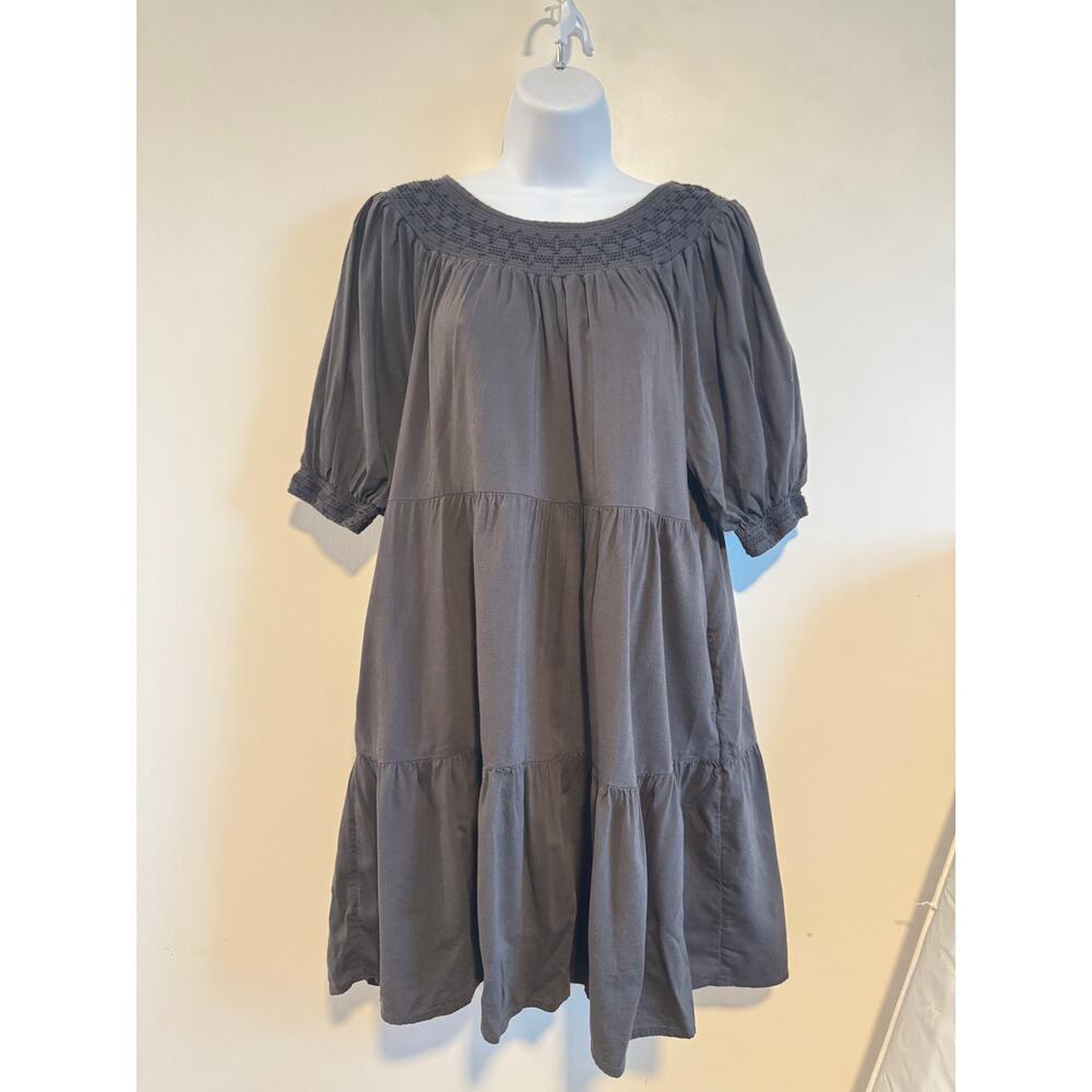 Old Navy XS Black Puff Sleeve Babydoll Dress Smocked Neckline Tiered Cotton